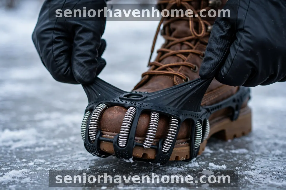 Gloved hands pulling a coil ice grip over the toe of a walking boot