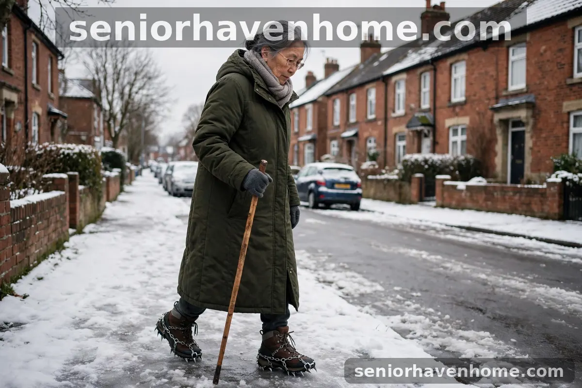 An older woman walking on a snowy residential pavement wearing chain ice grips and holding a walking stick