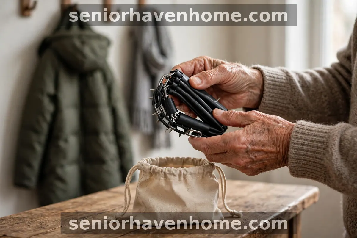 Older hands holding a folded chain ice grip over a drawstring storage pouch
