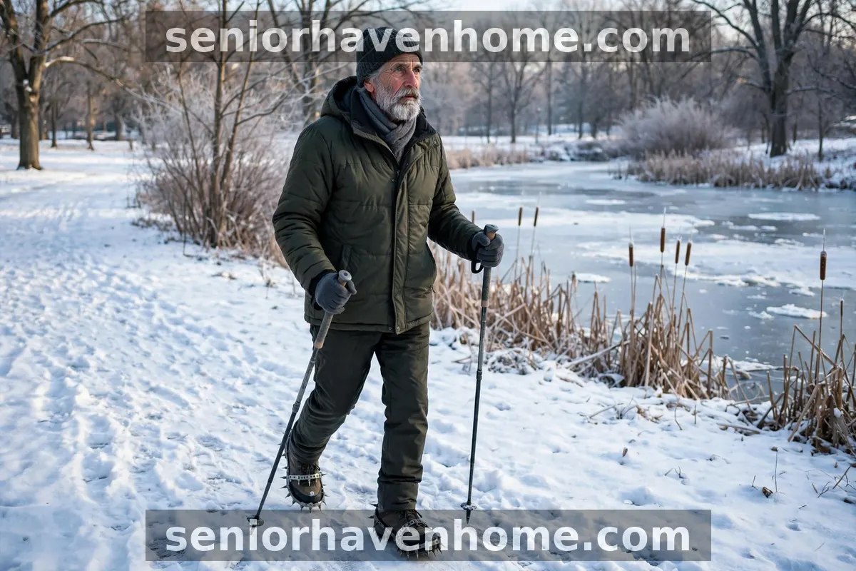 An older man walking with poles on a snowy park path wearing spiked ice grips
