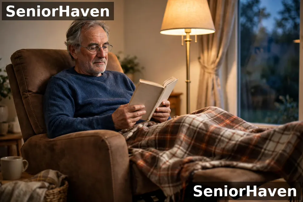 An older man reclined in a beige lift chair reading a book with a blanket over his legs