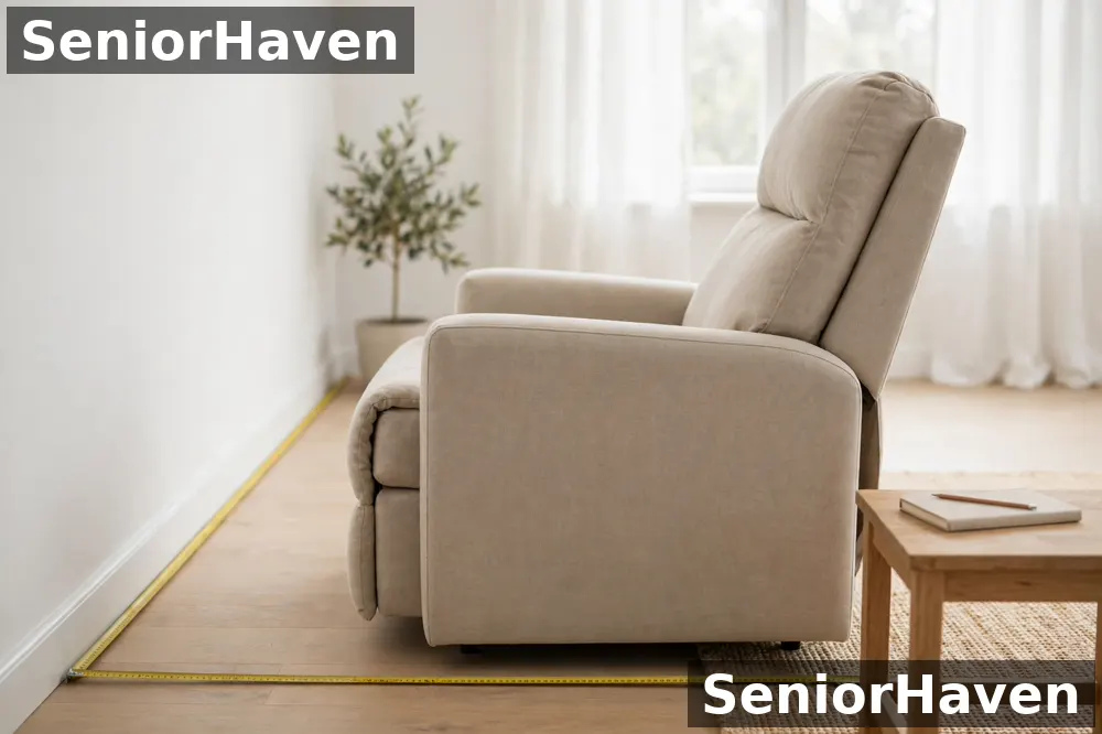 Side view of a beige recliner with a measuring tape stretched along the floor