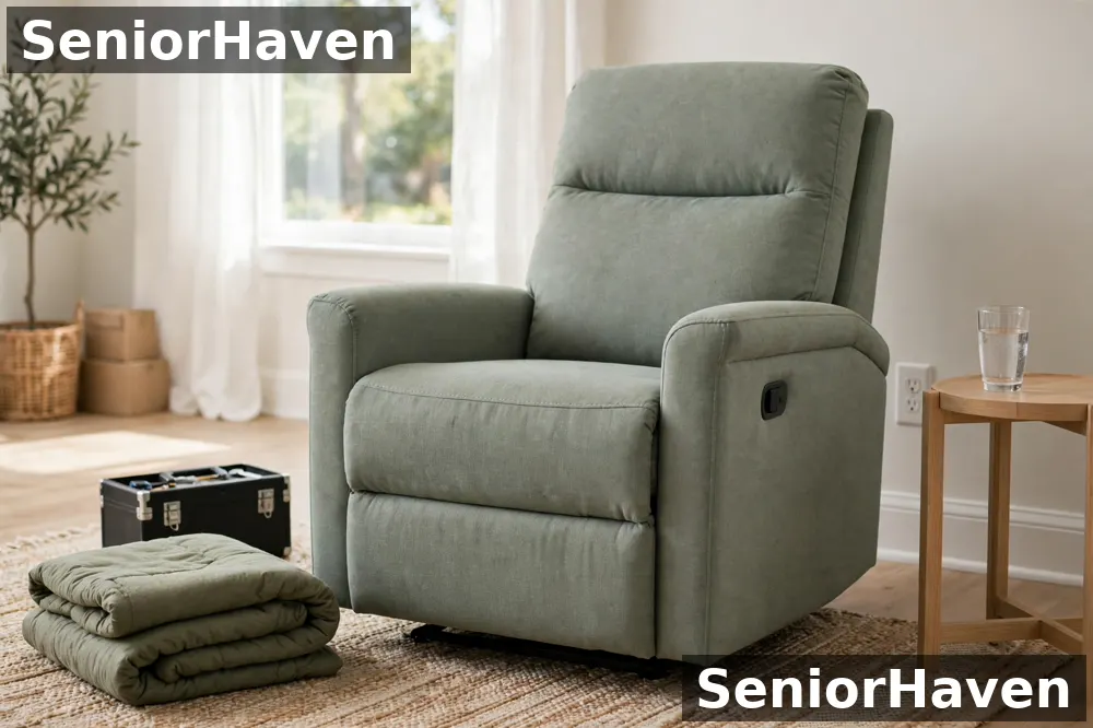 An empty green lift recliner in a bright living room with a folded blanket nearby
