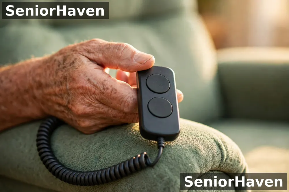 A hand holding a simple two-button lift chair remote control