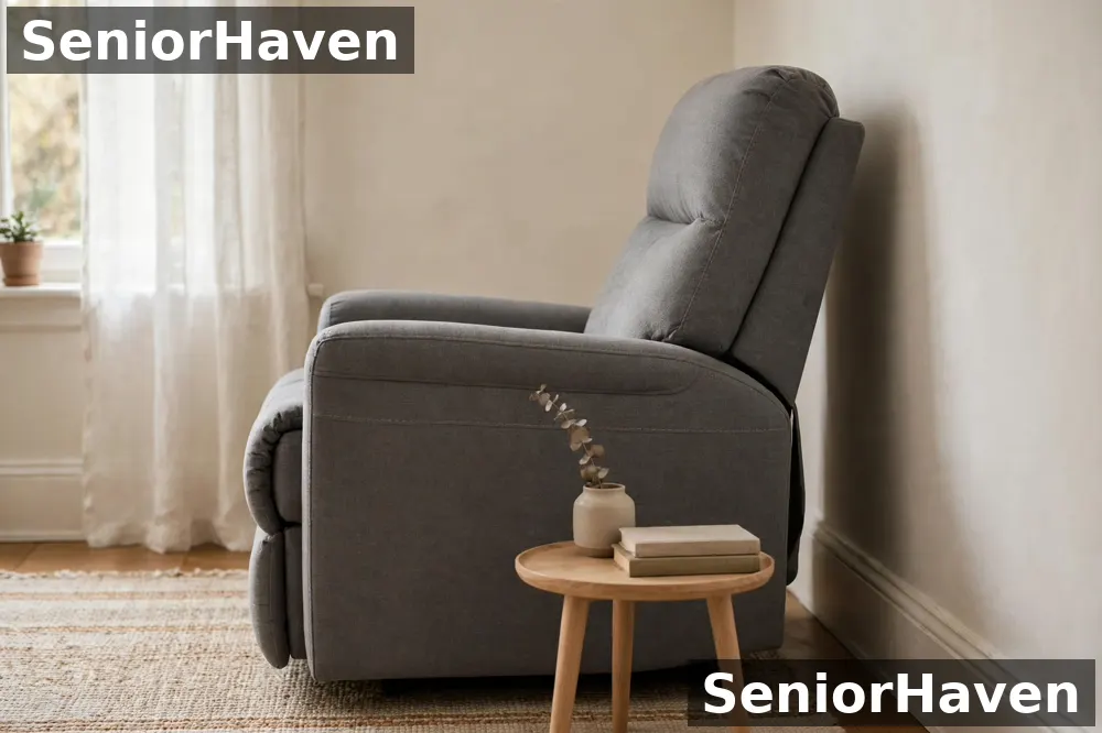 Side view of a grey recliner standing upright with a small gap between the chair back and the wall