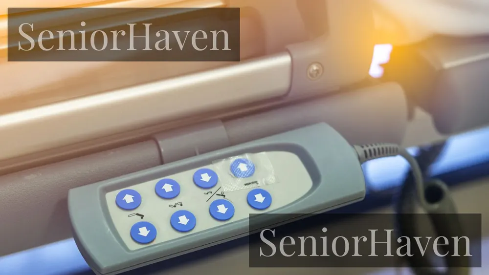 A remote panel with large blue arrow buttons, mounted beside a bed rail