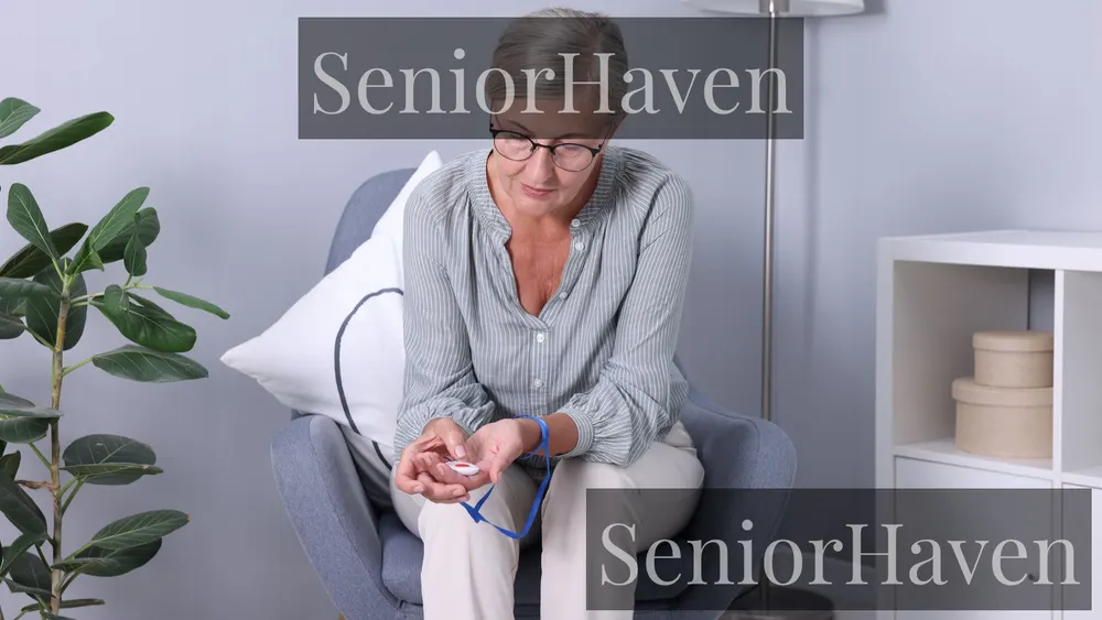A senior woman in an armchair at home holding a small emergency button device