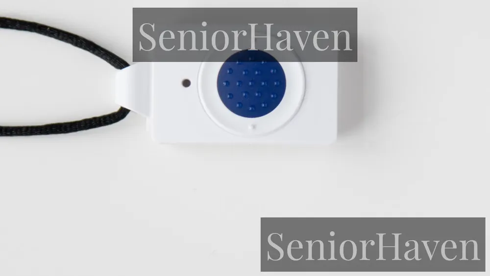 A white pendant transmitter with a blue button on a black cord, close-up on a plain background