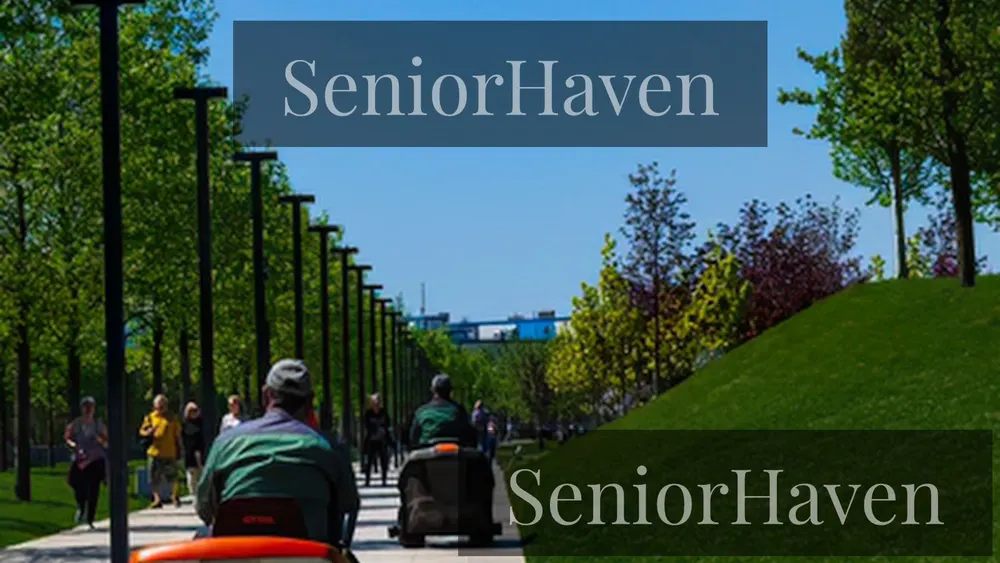 People riding mobility scooters on a paved park path beside a grassy slope