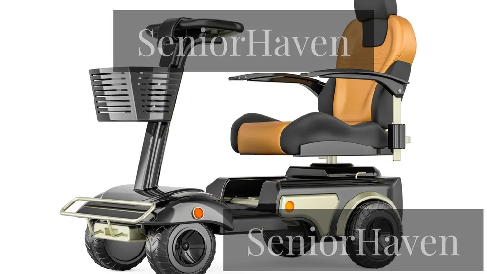 A mobility scooter in full side view, with a padded orange-and-black seat, armrests, and tiller, on a white background
