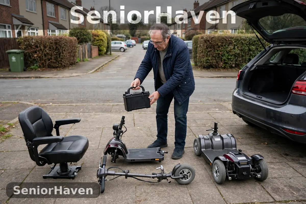 A man lifting the battery pack of a dismantled mobility scooter beside an open car boot, with the seat and sections laid out on a driveway
