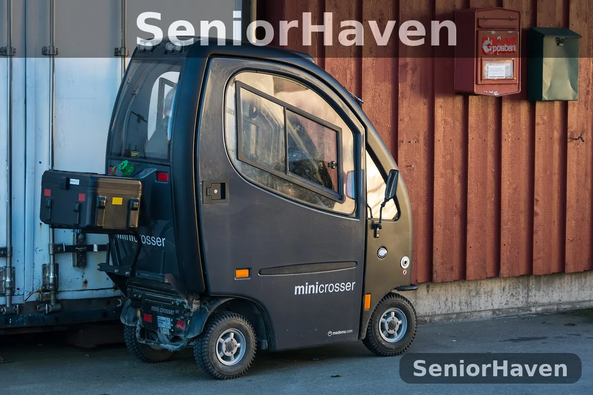 A cabin mobility scooter with an enclosed cabin parked beside a wooden building
