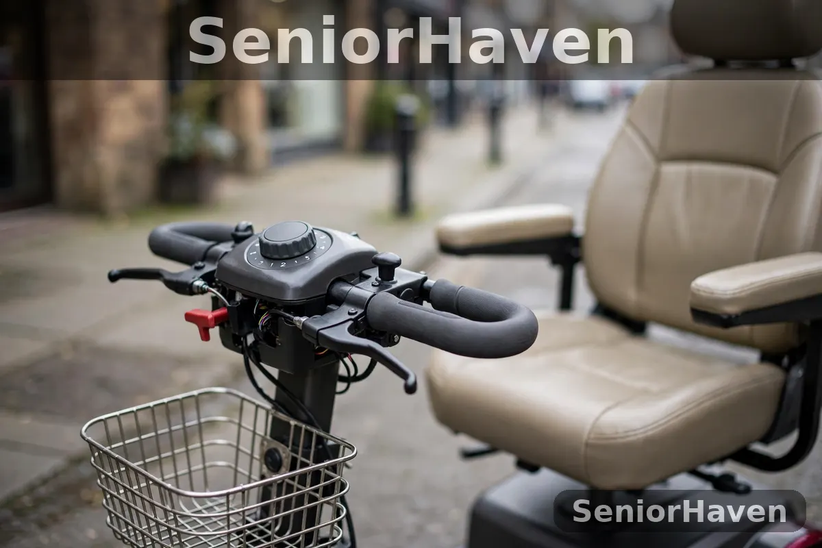 Close-up of a mobility scooter's tiller controls, speed dial, levers, basket, and padded captain's seat