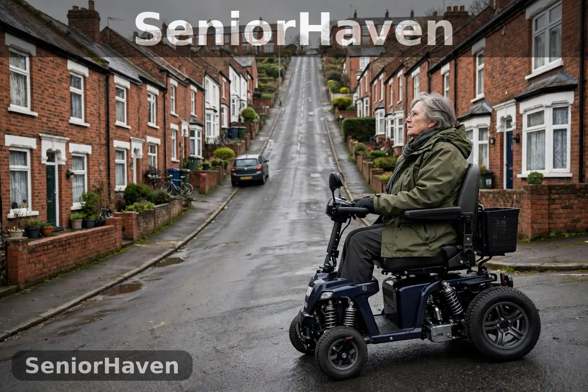 An older woman on a sturdy mobility scooter at the foot of a steep terraced street