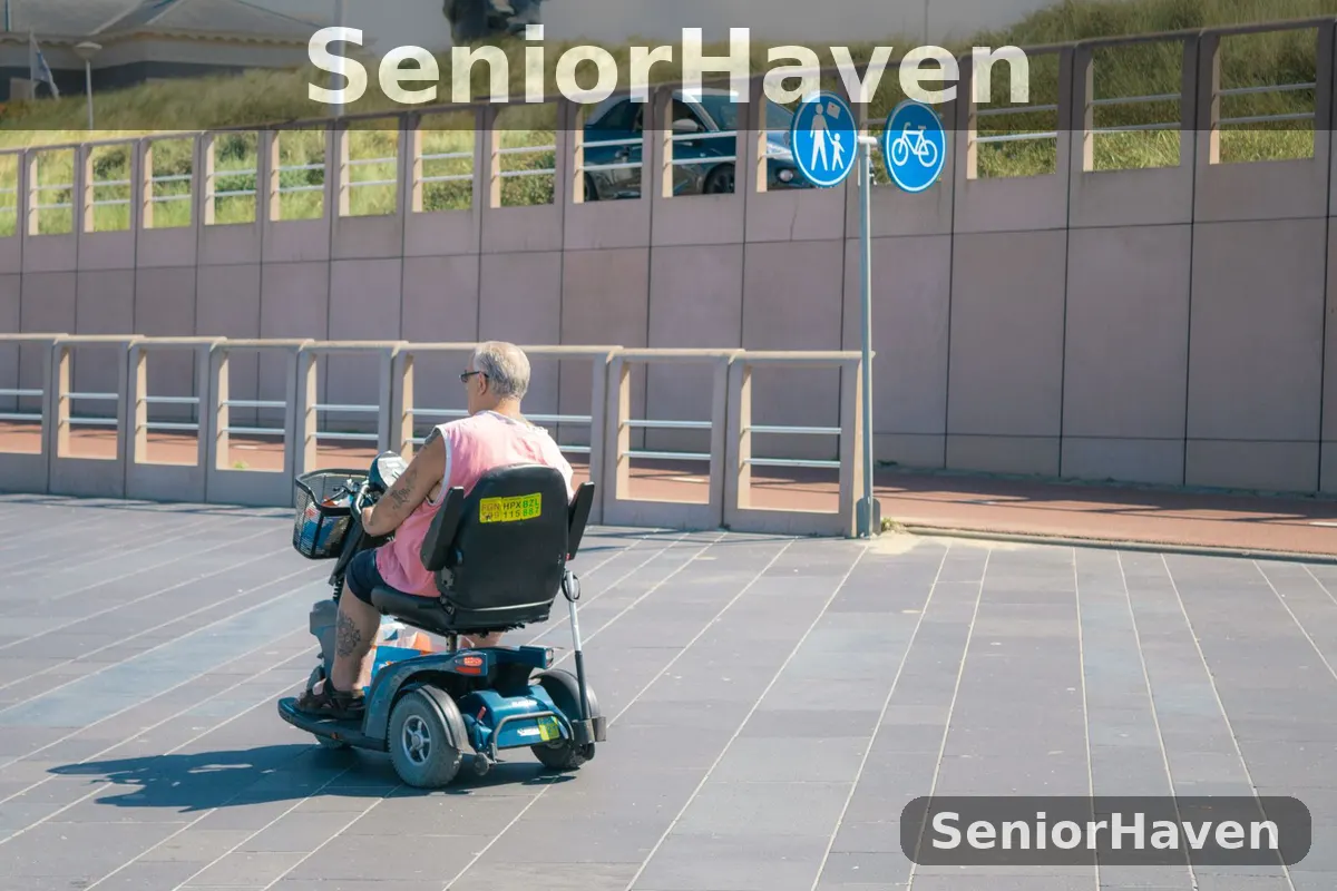An older man riding a blue mobility scooter on a paved promenade beside pedestrian and cycle signs
