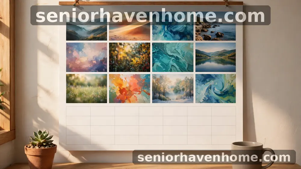Un calendario de pared con fotos de paisajes sobre un escritorio con una taza y una planta