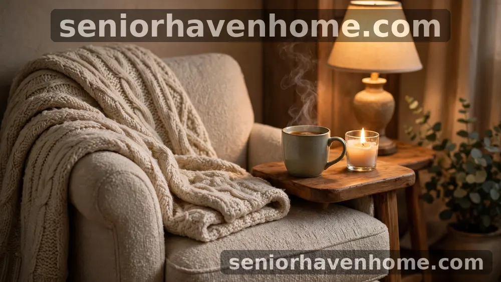 Un sillón con una manta de punto, una vela encendida y una taza de té sobre una mesita