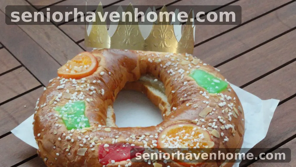 Un Roscón de Reyes entero con corona y fruta escarchada sobre una mesa de madera