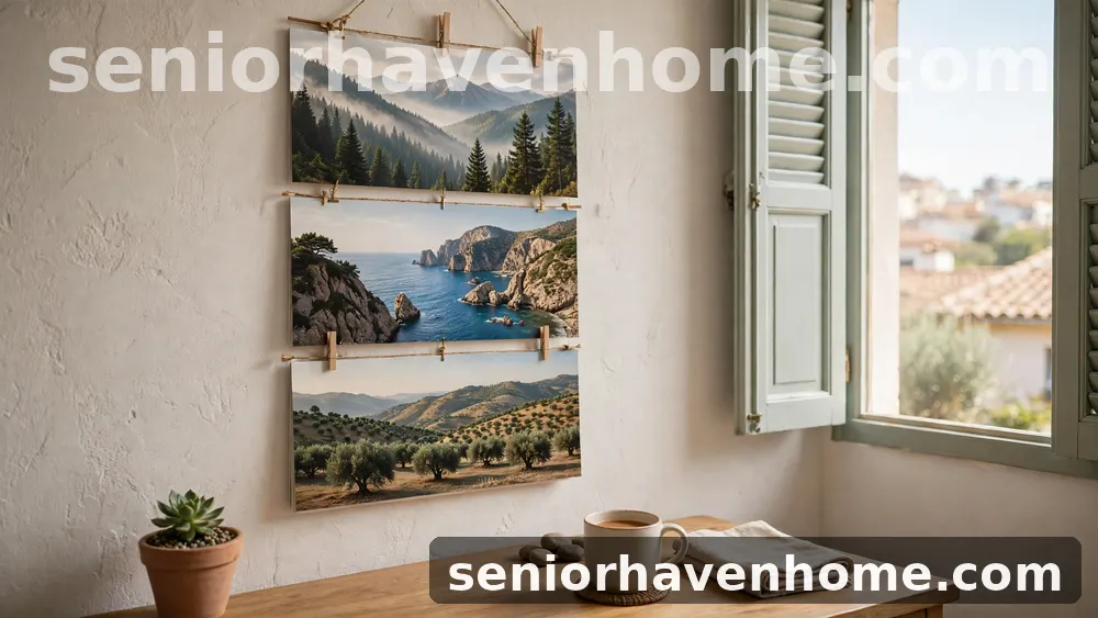 Tres fotografías de paisajes colgadas con pinzas en una pared blanca, junto a una ventana, una taza y una planta pequeña
