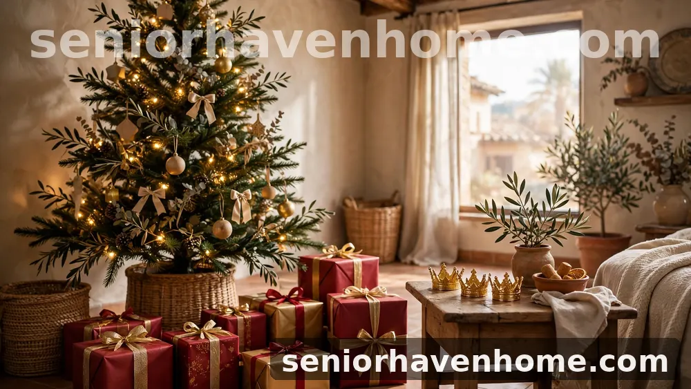 Regalos envueltos en papel rojo y dorado bajo un árbol iluminado, con tres coronas doradas sobre una mesa de madera
