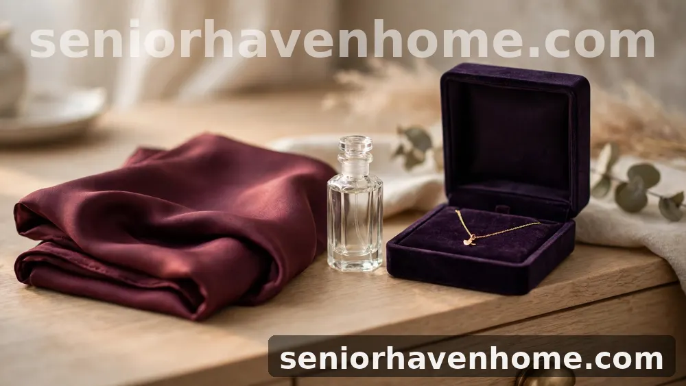 Un pañuelo de seda burdeos doblado, un frasco de perfume sin etiqueta y un collar dorado en una caja de terciopelo morado