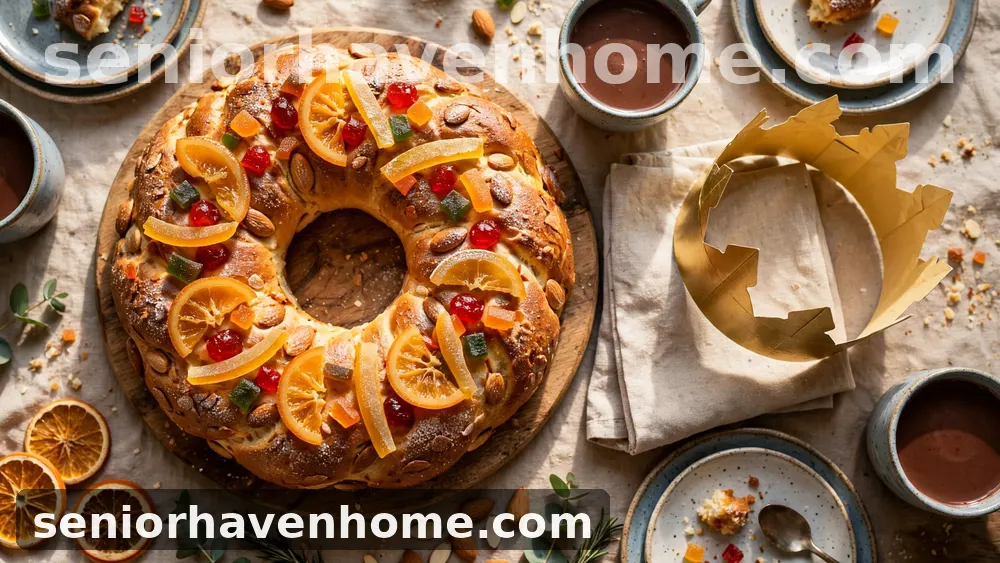 Un roscón de Reyes entero con fruta escarchada y almendras sobre una tabla de madera, con tazas de chocolate y una corona dorada de papel