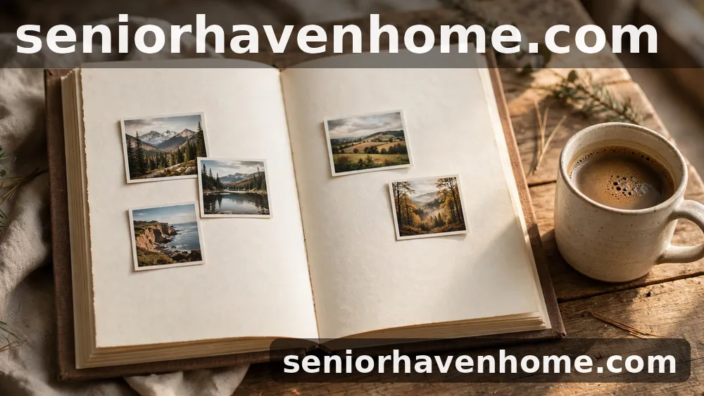 Álbum de fotos abierto con cinco fotografías de paisajes de montaña, lago, costa y bosque, junto a una taza de café sobre una mesa de madera