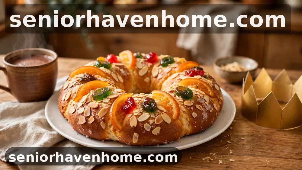 Roscón de Reyes entero con fruta escarchada y almendras, una taza de chocolate caliente y una corona dorada de papel