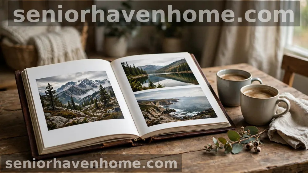 Álbum de fotos abierto con fotografías de paisajes de montaña, lago y costa, junto a dos tazas de café sobre una mesa de madera