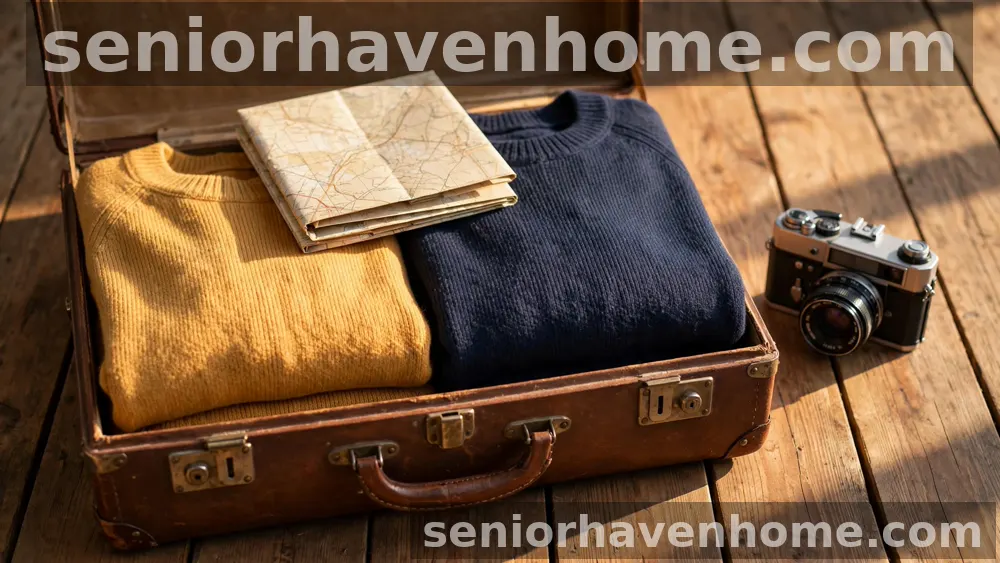 Bolsa de cuero marrón, mapa de carreteras doblado, dos tazas de café y gafas de sol sobre una mesa de madera con paisaje de olivos al fondo