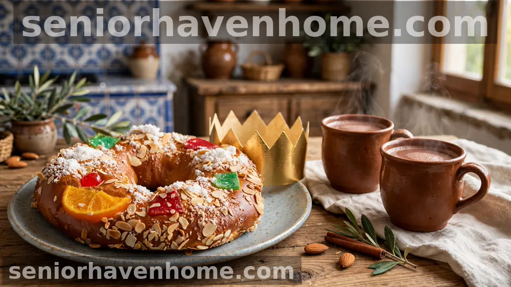 Porción de roscón de Reyes con fruta escarchada en un plato, dos tazas de chocolate caliente y corona dorada de papel sobre una mesa de madera