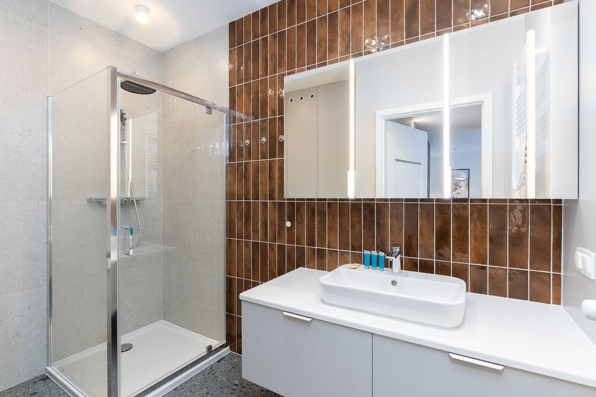 Bright, modern bathroom interior designed for safety