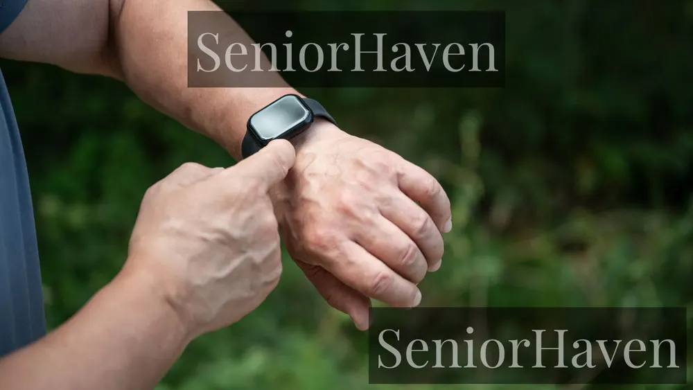 A close-up of a wrist wearing a black smartwatch outdoors, with green foliage behind