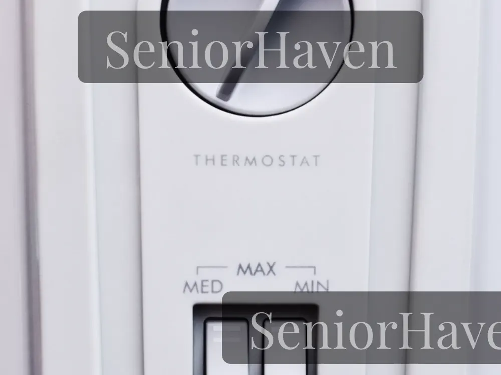 Close-up of a heater control panel with a large thermostat dial and big rocker switches