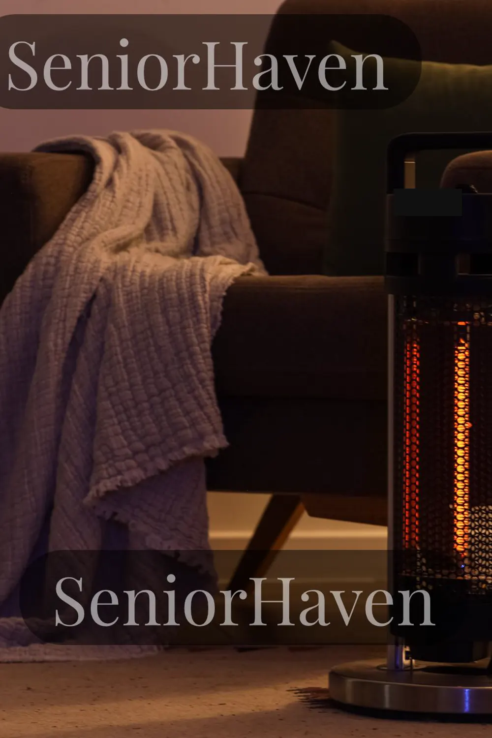 Tower space heater with glowing elements standing beside an armchair with a blanket in a warm living room