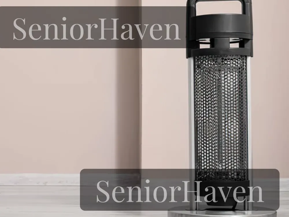 Space heater standing on a hard floor with clear space around it, away from curtains and furniture