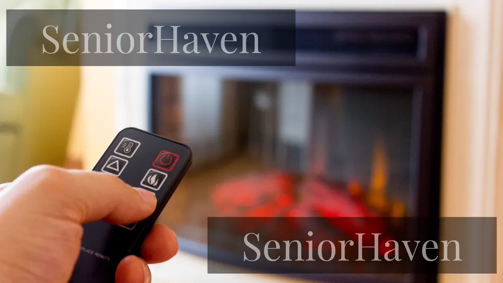 Hand holding a small remote with a few large buttons, pointed toward an electric fireplace