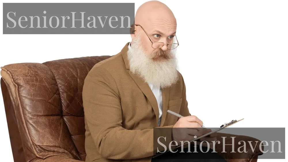 A bearded senior writing on a clipboard while seated in a large leather recliner