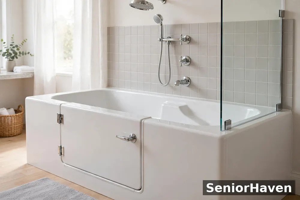 Illustration of a walk-in tub with a rainfall shower head and hand-held wand above the seat