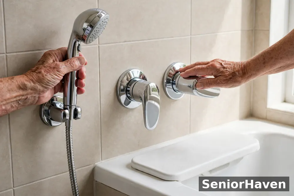 Illustration of large easy-grip bath controls and a hand-held wand within reach of the seat