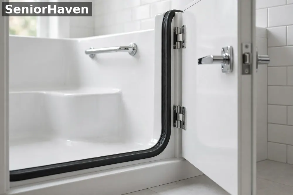 Illustration of a walk-in tub door, threshold, and built-in seat seen from the side