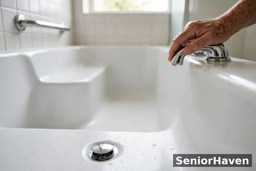 Illustration of the drain and rim control of an empty walk-in tub, with a hand on the lever