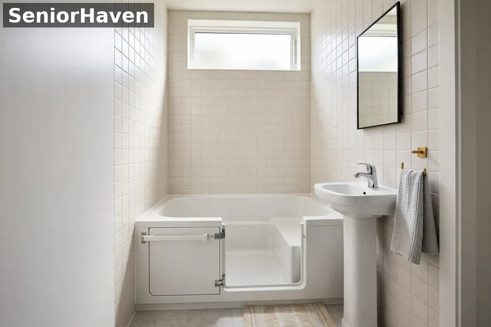 Illustration of a compact walk-in tub fitted into a small bathroom alcove