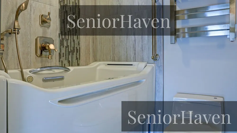 A high-sided walk-in-style tub with a wall grab bar and a handheld shower in a tiled bathroom