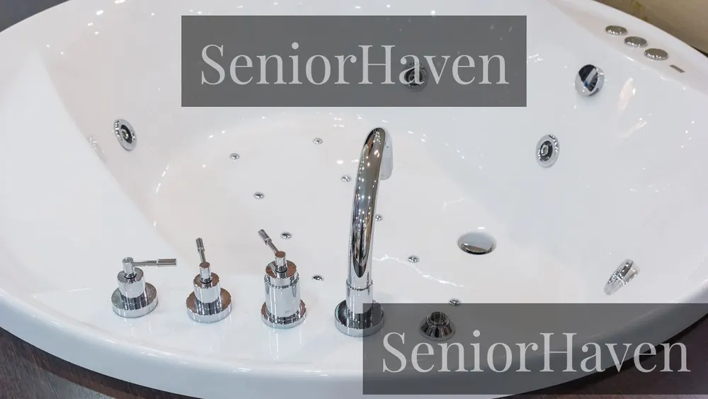 A white jetted tub interior with many jets, a faucet, and chrome controls