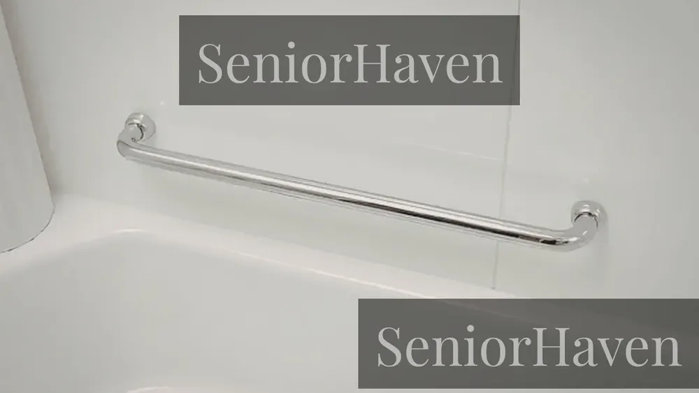 A stainless steel grab bar installed above a white bathtub