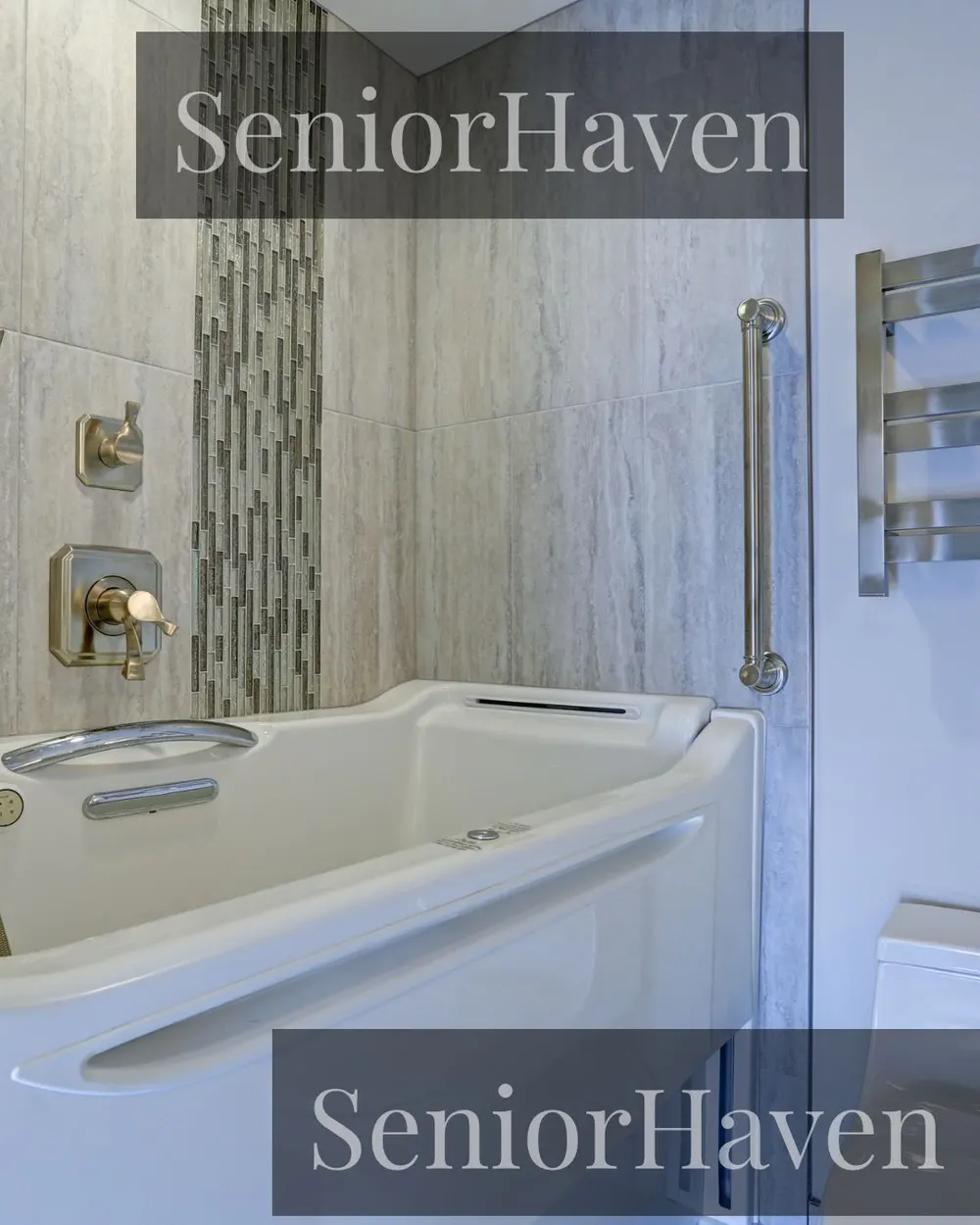 A modern bathroom with a high-sided walk-in-style tub, a wall grab bar, and tiled walls