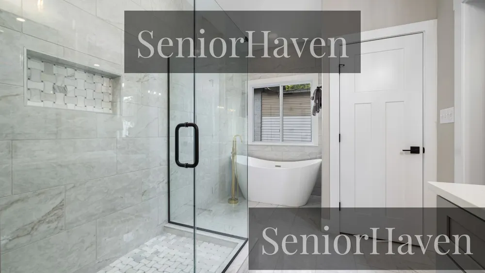A bathroom with a glass walk-in shower beside a freestanding bathtub