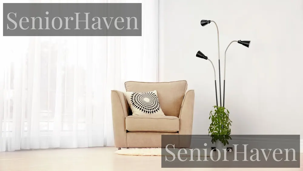 A beige armchair beside a wall in a bright living room, with a floor lamp and a plant nearby